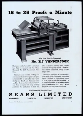 1937 Canadian Sears Ltd. Print Ad No. 317 Vandercook Proof Press • $6.58