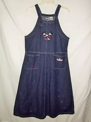 Disney Mickey Minnie Blue Jean Denim Embroidered Jumper Dress Size Small ~  IC • $19.80