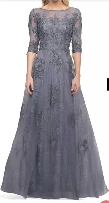 La Femme Floral Lace & Tulle Elbow Sleeve Gown Dress Slate Blue Sz 12 Org. $619 • $129