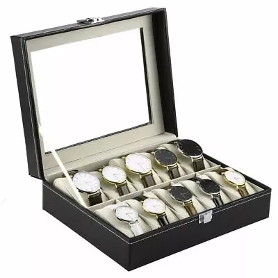 Watch Display Grid Box Lockable Case Faux Leather Jewellry Storage Organiser • £10.99