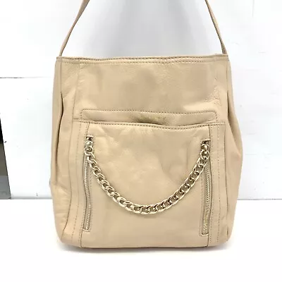 B. MAKOWSKY Beige Medium Large Leather Handbag Purse Gold Hardware Chains • $26.25