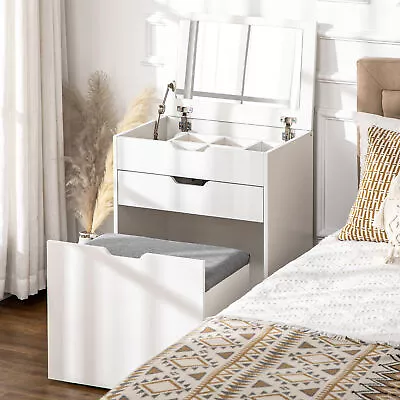 Dressing Table Set W/ Flip-up Mirror & Stool Drawer And Compartments White • £95.99