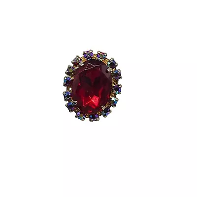 Purple Aurora Borealis Rhinestone Red Glass Ring Size 5 Gold Tone Vintage • $16.99