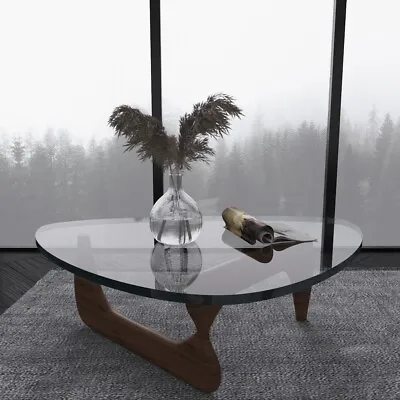 $439 • Buy Modern Coffee Table Noguchi Walnut Triangle Wood Base 0.75’ Glass Cocktail Table
