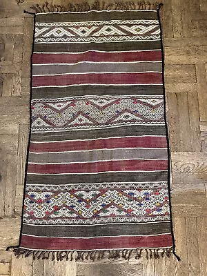 New Arrival - Vintage Moroccan Berber Rug Kilim - Red & Brown Stripes - 3 X 5 • $120