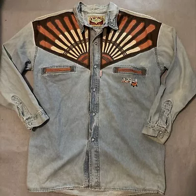 Shooter Denim Western Shirt Pearl Snaps Faux Leather Men XL By Shooter • $43.99