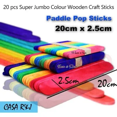 20 Pcs Super Jumbo Colour Wooden Craft Sticks Paddle Pop Sticks Ice Cream 200mm • $2.66