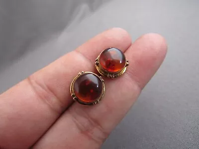 Vintage Boma Gilted Sterling Round Cabochon Amber Stud Pierced Earrings • $39.99