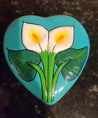 Mexican Folk Art Terracotta Pottery Heart Shaped Trinket Box W/ Calla Lilies EUC • $15