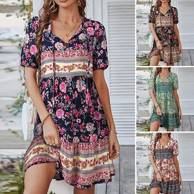 $22.98 • Buy ZANZEA Womens Summer Puff Short Sleeve V Neck Floral Hippie Bohemian Mini Dress