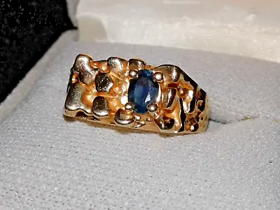 14K Yellow Gold Nugget Square Ring Natural Sapphire Mens Size 9.5 • $600