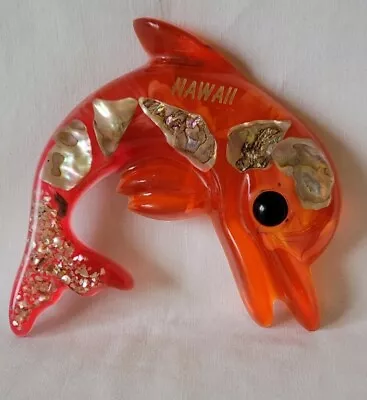 Vintage Orange Dolphin MCM Lucite Acrylic Abalone Shell Glitter Wall Hanging • $12.99