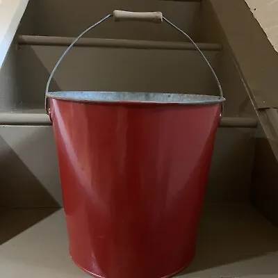 Vintage Galvanized Red Fire Bucket Large 10.5x11.5” Sand Pail Wood Handle • $20.40