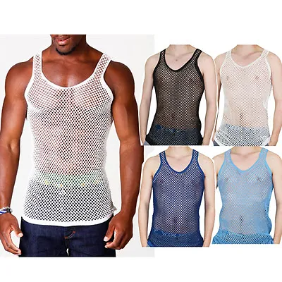 £112.49 • Buy Mens String Mesh Vest Fitted 100% Cotton Gym Training Tank Top T Shirt Fish Net