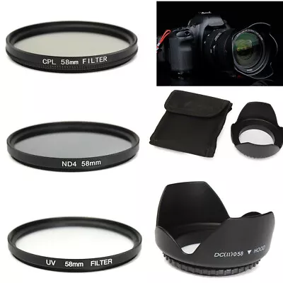 58mm UV CPL ND4 Circular Polarizing Filter Kit + Lens Hood For Canon Camera DSLR • $25.95