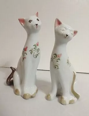 Vintage Pair Of Porcelain Cats Floral Design White With Pink Ears Very Cute  • $25