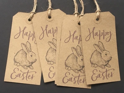 £2.45 • Buy 10 Large Kraft Cute Novelty Vintage Happy Easter Bunny Favour Gift Tags + Ties