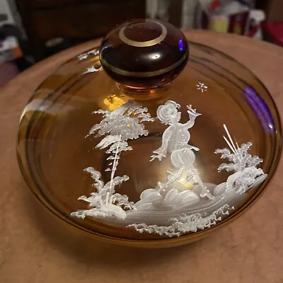 Vintage Mary Gregory  Amber Glass Candy Dish With Lid Hand Painted 5x6 Signed • $60