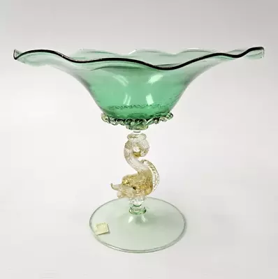 Cenedese & Albarelli Murano Venetian Gold Fleck Glass Dolphin Green Bowl Compote • $895