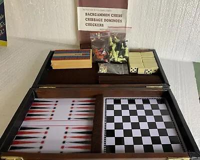 Vintage Travel  Backgammon Checkers Chess Cards Dominoes Cribbage Dice Set • $13.88