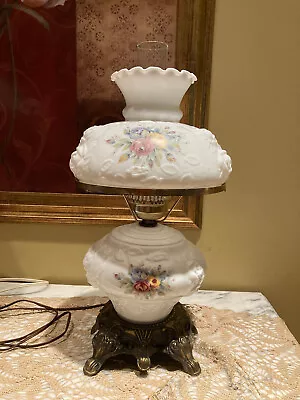 Vintage G.W.T.W. White Milk Glass Rose Embossed 3-Way Hurricane Parlor Lamp • $51