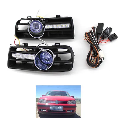 Front Bumper Grill Blue Fog Light Grille W/LED DRL Lamp For VW Golf MK4 97-03 B0 • $65.52