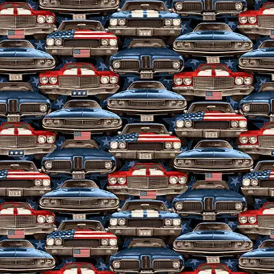 Patriotic Fabric | American Muscle Cars Packed Blue | Studio E YARD • $10.98