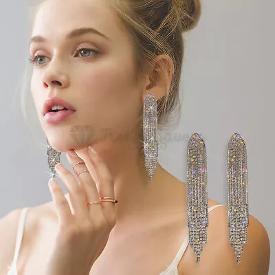 £4.99 • Buy Shiny Diamond Rhinestone Long Tassel Drop Dangle Party Earrings Sterling Silver