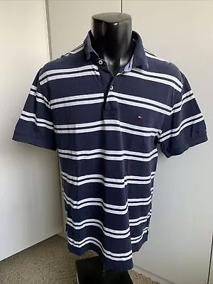 Men’s Large Tommy Hilfiger Classic Fit Blue Striped Polo Shirt 100% Cotton • $9.99