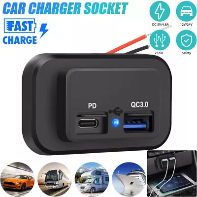 Dual USB Car Charger PD QC 3.0 Quick Charge Power Outlet Socket Type C 12V 24V • $15.18