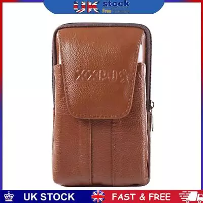 Men Cowhide Leather Fanny Waist Bag Solid Phone Purse Belt Pouch (Brown) • £6.59