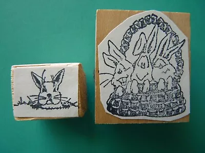 Rabbits In Wicker Basket & Peeking From Ground (2) Rubber Stamps - Self Mounted • $11.99