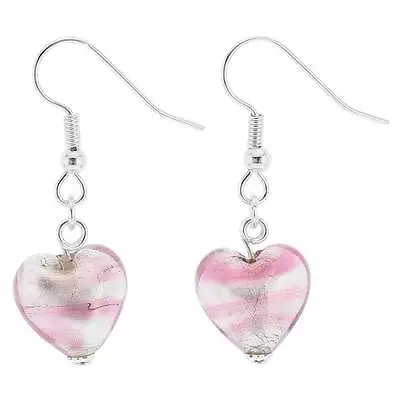 GlassOfVenice Murano Glass Heart Earrings - Striped Silver Pink • $39.95