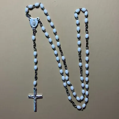 Rosary Silver Tone Metal With White Beads Vintage Catholic Necklace • $3.95