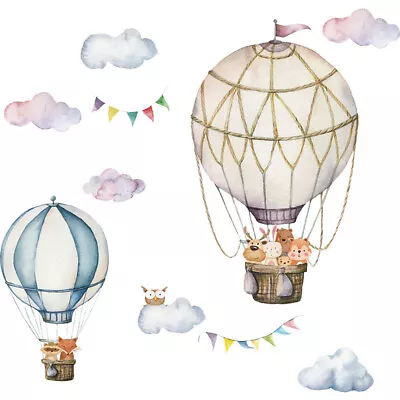 Wall Stickers Watercolour Hot Air Balloon Cloud Flags Kids Baby Rabbit  Nursery • £6.67