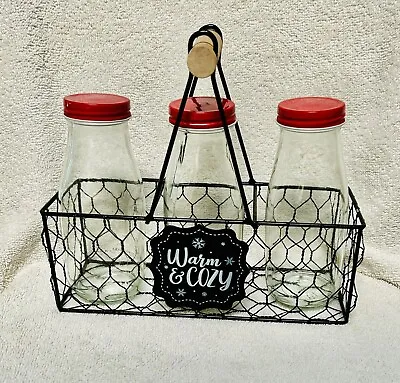 3 Clear Glass Bottle Set With Chicken Wire Holder Warm & Cozy Farmhouse Cute • $10.95