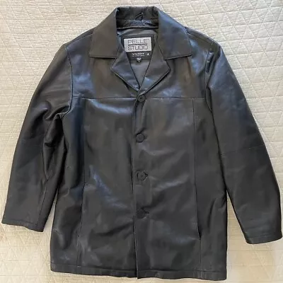 PELLE STUDIO X WILSONS Vintage Full Button Leather Car Coat In Black Size M • $95