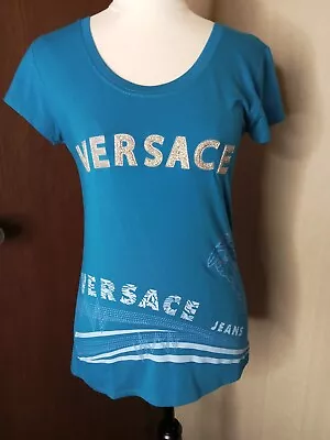 Versace Aqua Blue 💙 T-shirt With Silver Metallic Detail Size 8 • $60