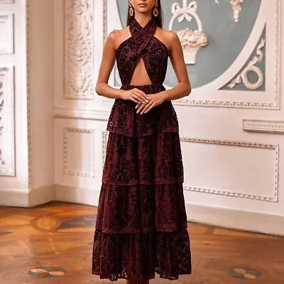 ALAMOUR THE LABEL Women's Burgundy Camilla Gown Halter Velour Dress Medium BNWT • $249.94