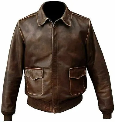 Aviator A-2 Real Cowhide Distressed Leather Bomber Flight Jacket Vintage Brown • $148.99