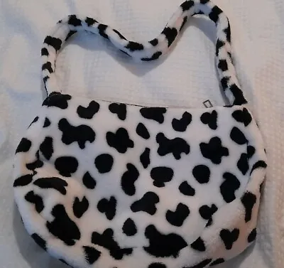 £4.99 • Buy Women Animals Plush Shoulder Bags Soft  Cow Print Fur Zip Handbag Black White