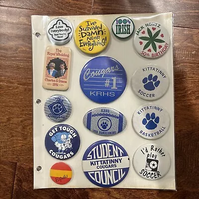 Vintage Random Pins Buttons Lot Of 14 With Sheet Good Condition Cougars • $11.99