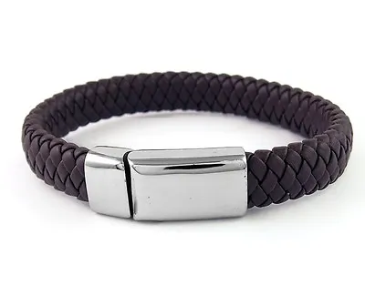 MEN's Stainless Steel Brown Leather Braided 8.5  Magnetic Lock Bracelet • $9.99
