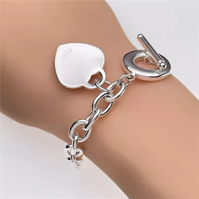 925 Sterling Silver Filled Heart Dangle Toggle Bracelet Womens Charm Jewelry • $7.52