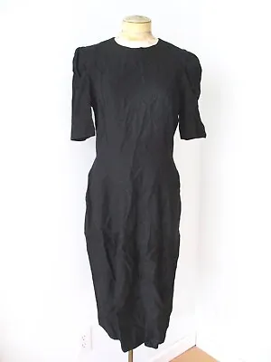  Vtg 80s New Wave Black Linen Rayon Dress Back Cutout Puff Shoulders Pockets 12  • $18