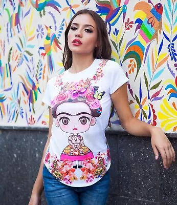 Frida Kahlo Floral Collar Cartoon T-Shirt (white) • $19