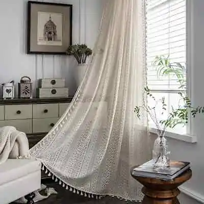 Boho Light Filtering Curtains 63 InLength 2 Panels Vintage Crochet Lace Macram • $119.99