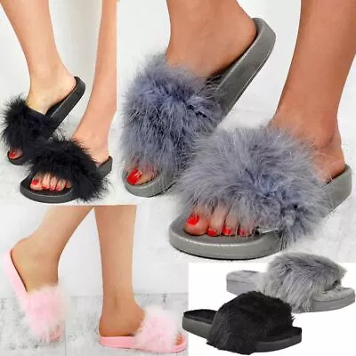 Womens Ladies Flat Faux Fur Slipper Sliders Slip On Comfy Sandals Flip Flop Size • £12.99