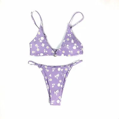 Zaful Womens 2 Piece Bikini Size 4 Lavendar Purple White Flowers Swimwear • $24.99