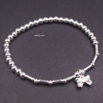 Real 925 Sterling Silver Bracelet Baby Women Bow-knot 4mm Beaded Link 6inchL • £14.47